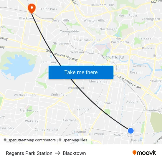 Regents Park Station to Blacktown map