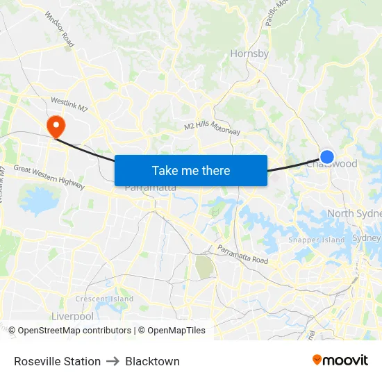 Roseville Station to Blacktown map