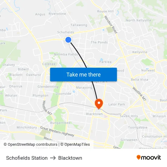 Schofields Station to Blacktown map