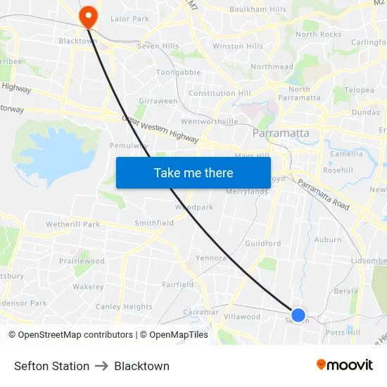 Sefton Station to Blacktown map