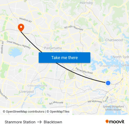Stanmore Station to Blacktown map
