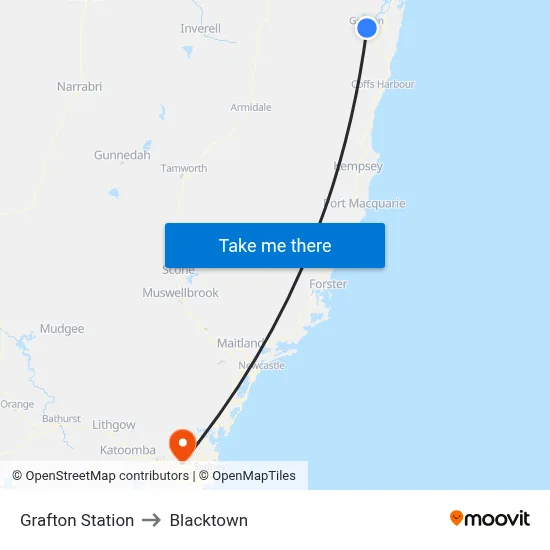Grafton Station to Blacktown map