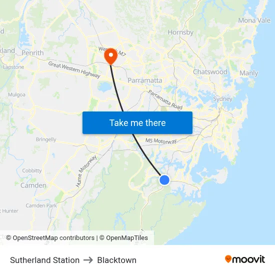 Sutherland Station to Blacktown map