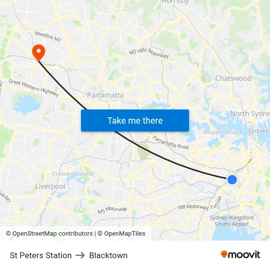 St Peters Station to Blacktown map