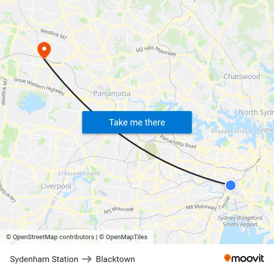 Sydenham Station to Blacktown map