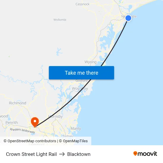 Crown Street Light Rail to Blacktown map