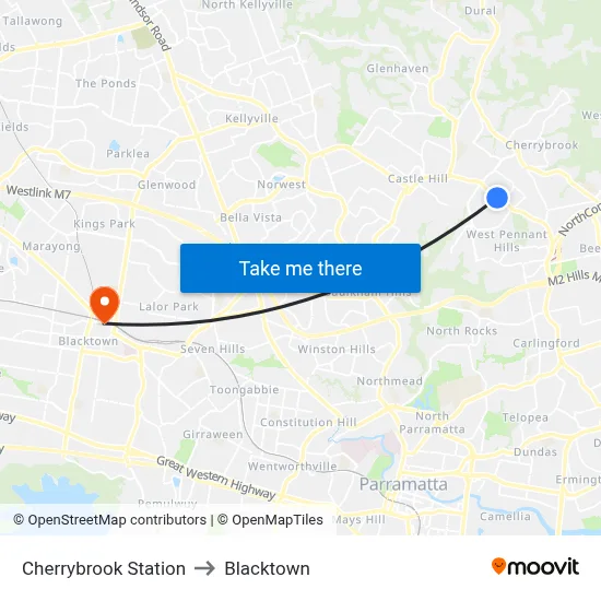 Cherrybrook Station to Blacktown map