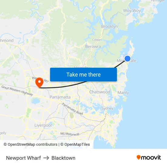 Newport Wharf to Blacktown map