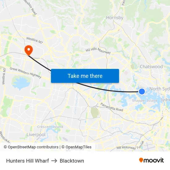 Hunters Hill Wharf to Blacktown map