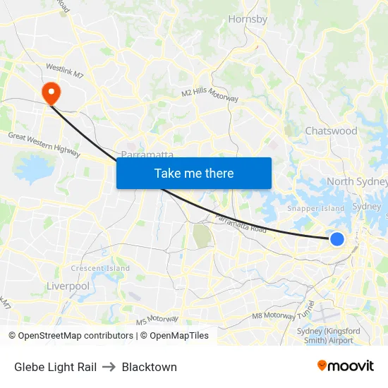 Glebe Light Rail to Blacktown map