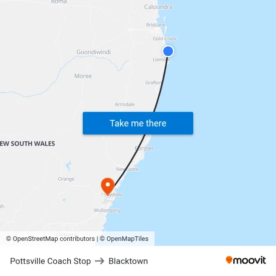 Pottsville Coach Stop to Blacktown map