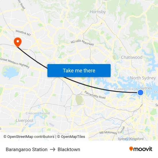Barangaroo Station to Blacktown map