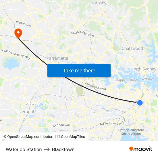 Waterloo Station to Blacktown map