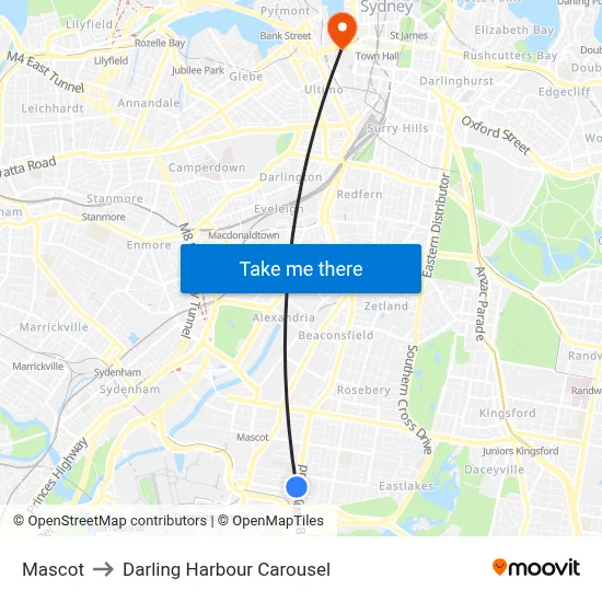 Mascot to Darling Harbour Carousel map