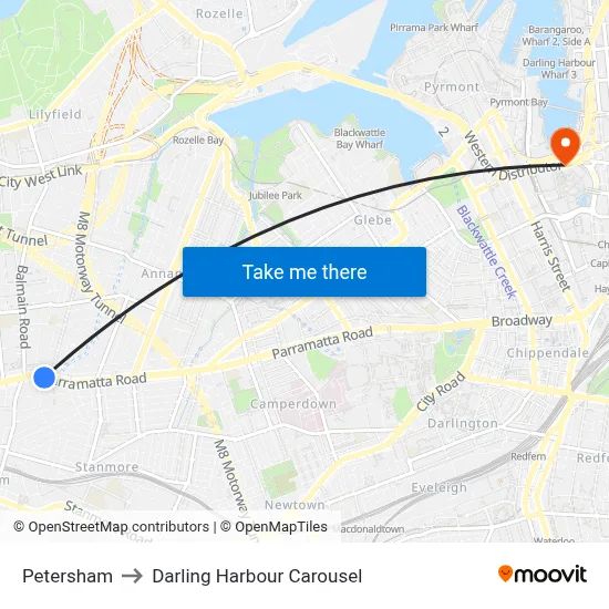 Petersham to Darling Harbour Carousel map