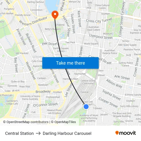 Central Station to Darling Harbour Carousel map