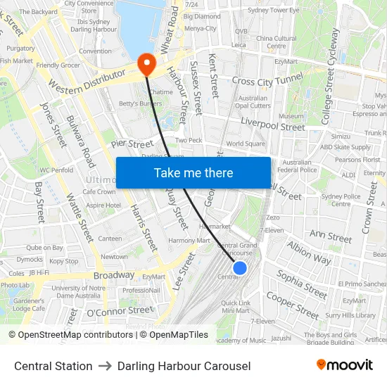 Central Station to Darling Harbour Carousel map