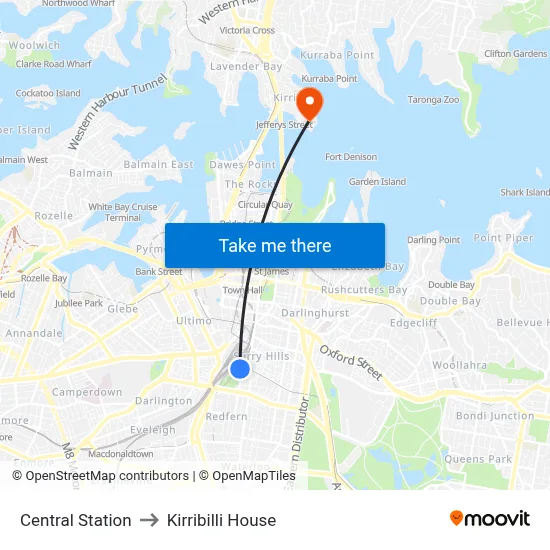 Central Station to Kirribilli House map