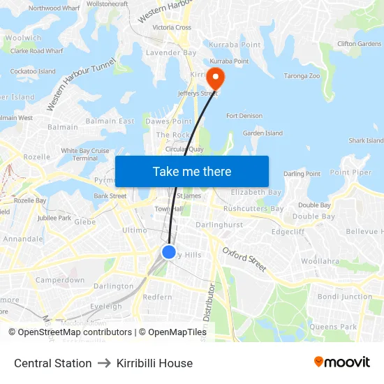 Central Station to Kirribilli House map