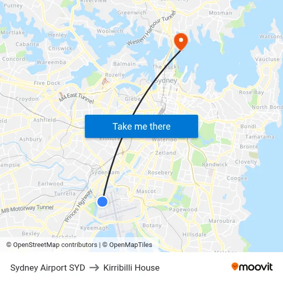 Sydney Airport SYD to Kirribilli House map