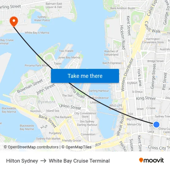 Hilton Sydney to White Bay Cruise Terminal map