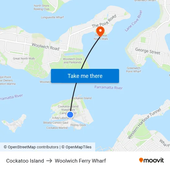 Cockatoo Island to Woolwich Ferry Wharf map