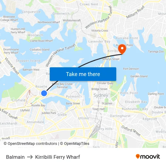 Balmain to Kirribilli Ferry Wharf map