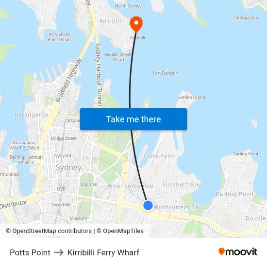 Potts Point to Kirribilli Ferry Wharf map