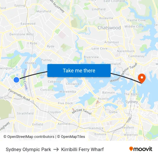 Sydney Olympic Park to Kirribilli Ferry Wharf map