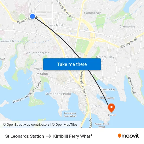 St Leonards Station to Kirribilli Ferry Wharf map