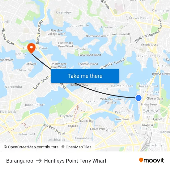 Barangaroo to Huntleys Point Ferry Wharf map