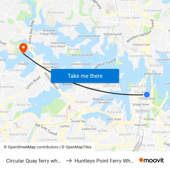 Circular Quay ferry wharf to Huntleys Point Ferry Wharf map