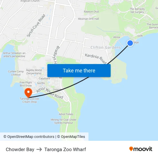 Chowder Bay to Taronga Zoo Wharf map