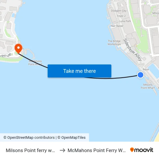 Milsons Point ferry wharf to McMahons Point Ferry Wharf map