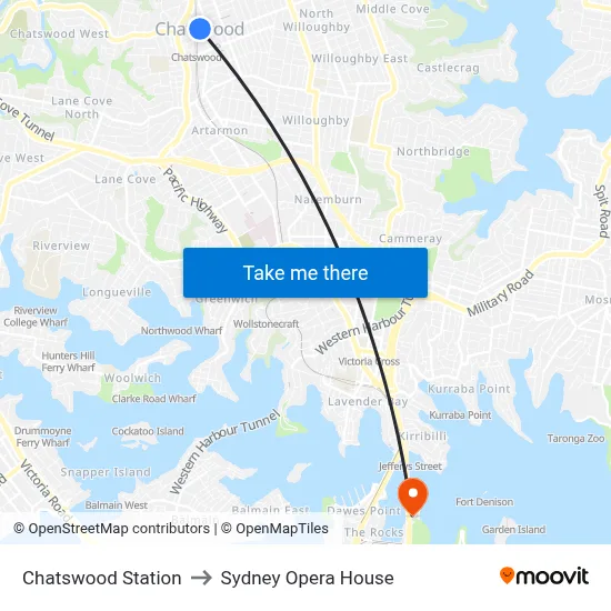 Chatswood Station to Sydney Opera House map