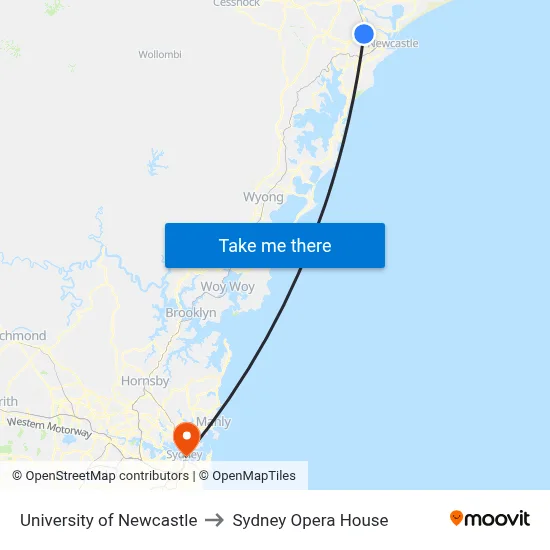University of Newcastle to Sydney Opera House map
