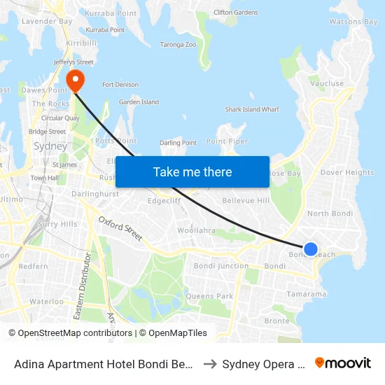 Adina Apartment Hotel Bondi Beach Sydney to Sydney Opera House map