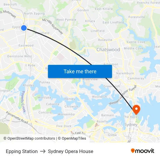 Epping Station to Sydney Opera House map
