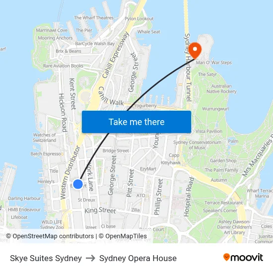 Skye Suites Sydney to Sydney Opera House map