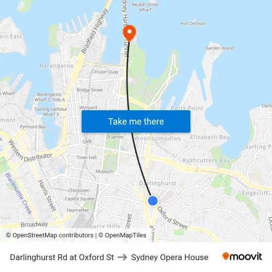 Darlinghurst Rd at Oxford St to Sydney Opera House map