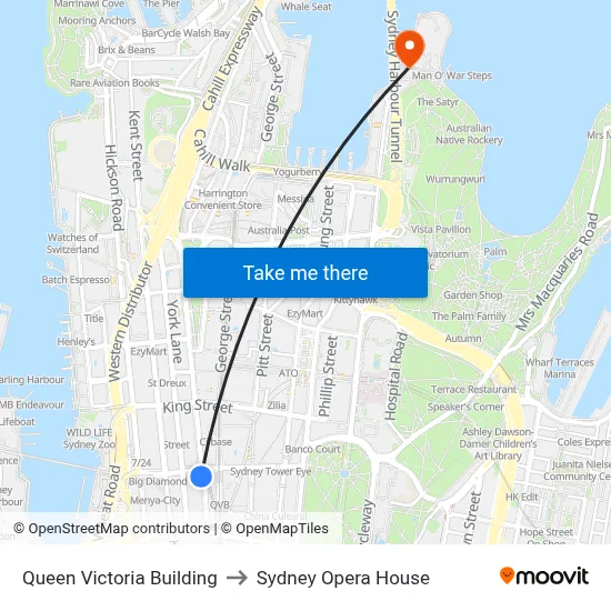 Queen Victoria Building to Sydney Opera House map