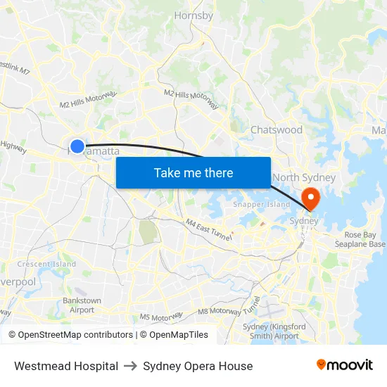 Westmead Hospital to Sydney Opera House map