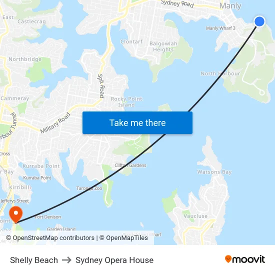 Shelly Beach to Sydney Opera House map