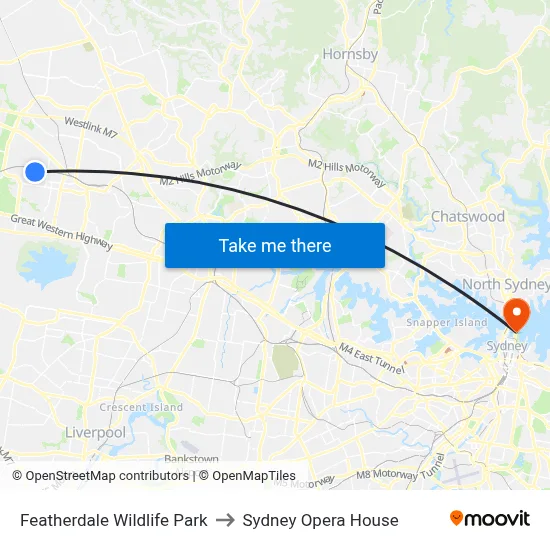 Featherdale Wildlife Park to Sydney Opera House map