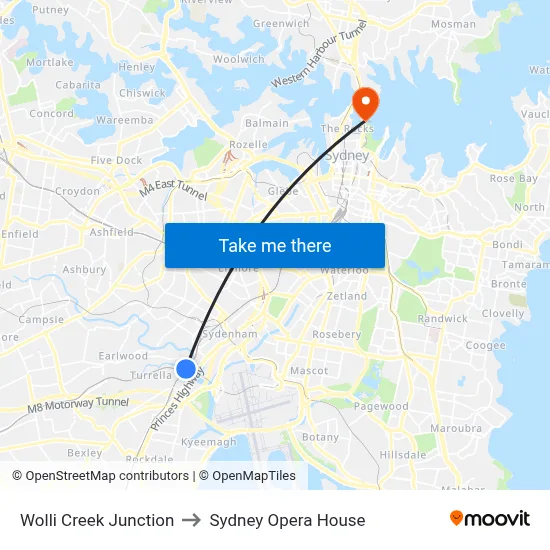 Wolli Creek Junction to Sydney Opera House map