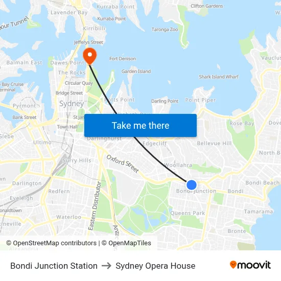 Bondi Junction Station to Sydney Opera House map