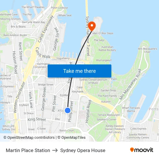 Martin Place Station to Sydney Opera House map
