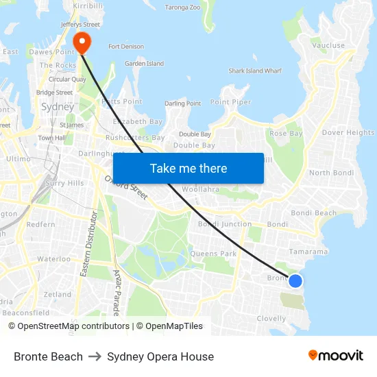 Bronte Beach to Sydney Opera House map