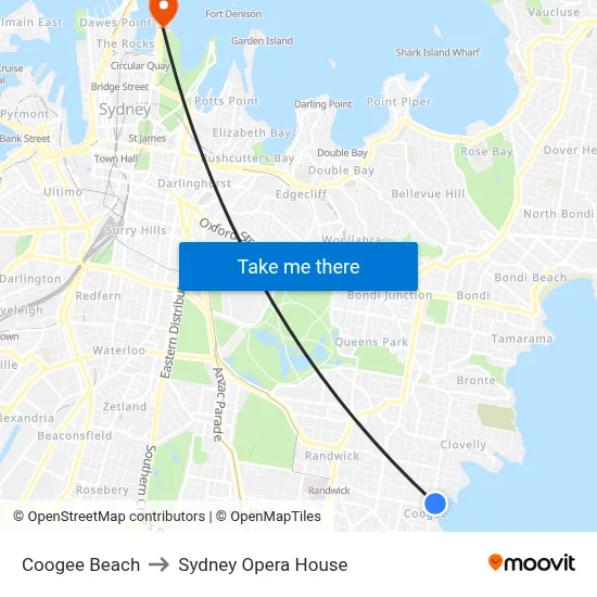 Coogee Beach to Sydney Opera House map