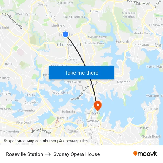 Roseville Station to Sydney Opera House map
